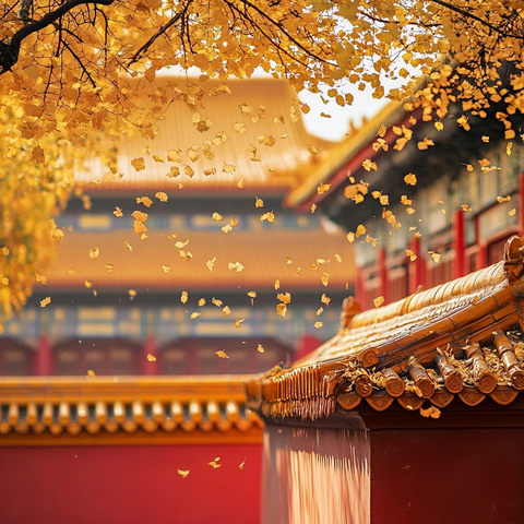 古建筑背景下的落叶纷飞景象