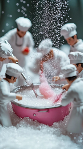 厨师们在大锅中融化白糖