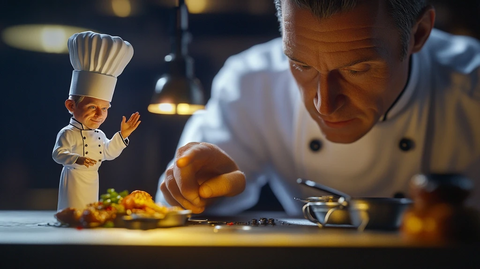 男子肩膀上的迷你厨师指导烹饪