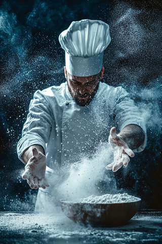 专业烘焙师面粉飘洒烹饪