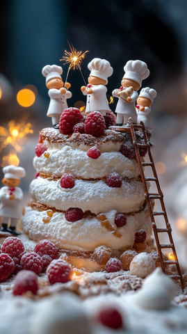 甜点周围的小厨师雕塑