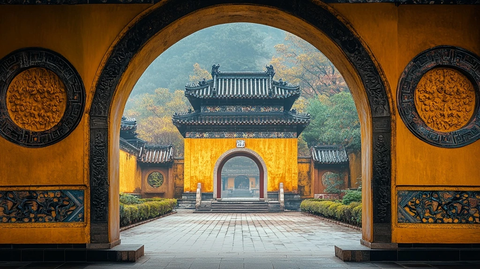 古风拱门建筑后的传统中式楼阁