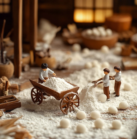 小人制作白米粉团子