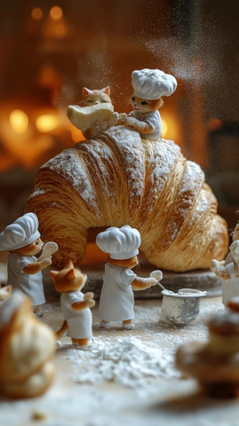 猫厨师制作巨型牛角面包