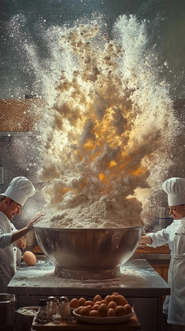 巨碗中面粉与蛋液碰撞