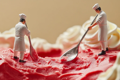 小厨师用大勺制作红色冰淇淋