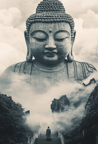 大佛前独自行走的僧人景象