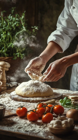 女厨师揉面团木桌面粉