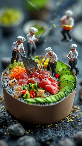 新鲜寿司碗与微型厨师