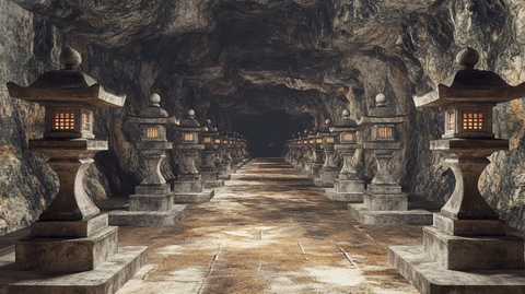 石灯笼排列的神秘洞穴通道