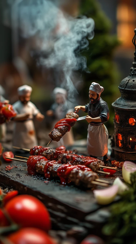 小厨师准备烤串场面