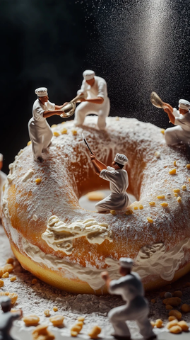 巨型奶油甜甜圈上的小厨师