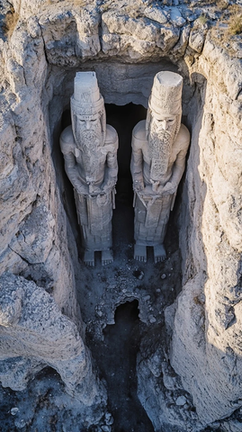 岩石中两尊神秘雕像的俯视景象