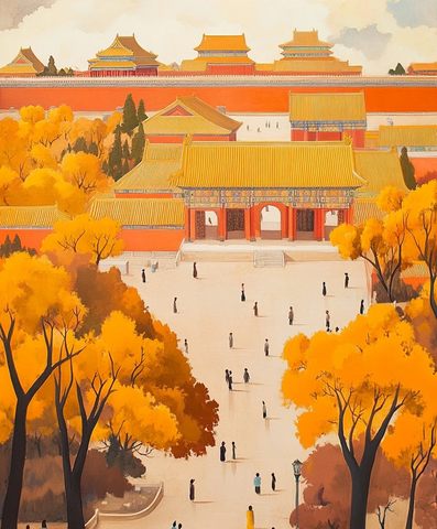 故宫秋日风景及行人活动的景象