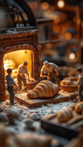 微缩烘焙坊忙碌工作场景