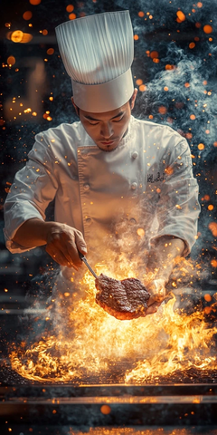 厨师烤制牛排火焰升腾