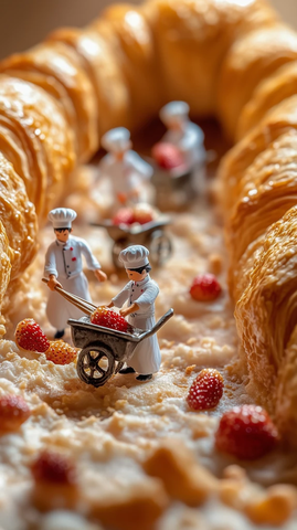 迷你厨师搬运草莓与可颂