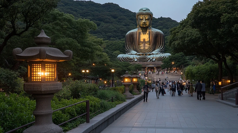 大佛前的人群与灯笼的和谐景象