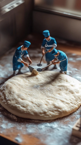 小披萨师在蓝色围裙下工作