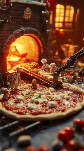 微型厨师制作巨型披萨场景