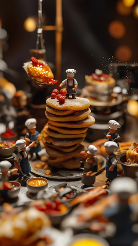 微型厨师准备巨型早餐盛宴