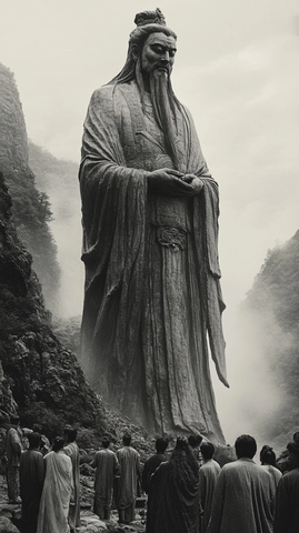 巨大雕像前聚集着许多人的景象