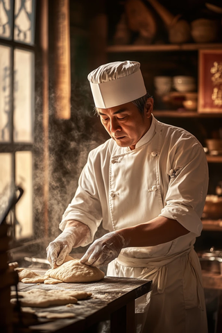 厨师专注揉面团于木质厨房