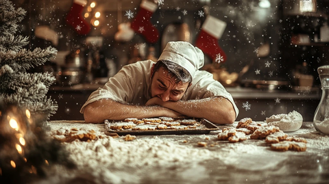 混乱烘焙场景中的沮丧面包师