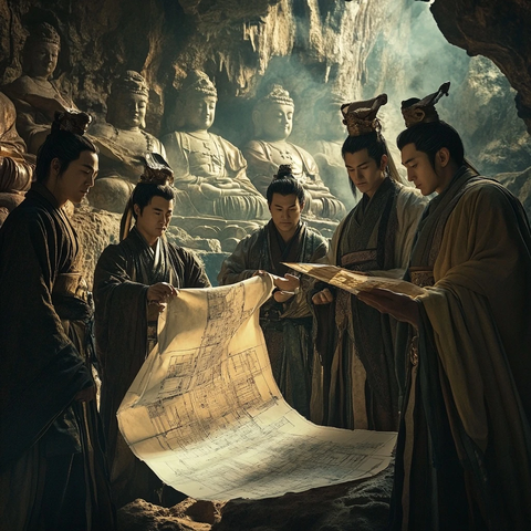 古装人物在洞窟中查看图纸的场景