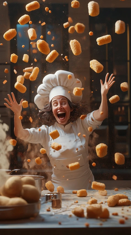 厨娘投掷开心炸肉丸