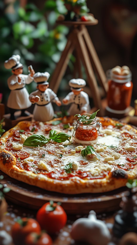 巨型披萨与迷你厨师忙碌场景