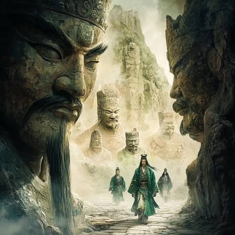 古装人物行走于巨像间的神秘场景