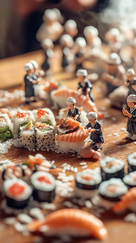 微型厨师制作巨型寿司