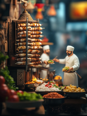 工人制作阿拉伯风味烤肉饭