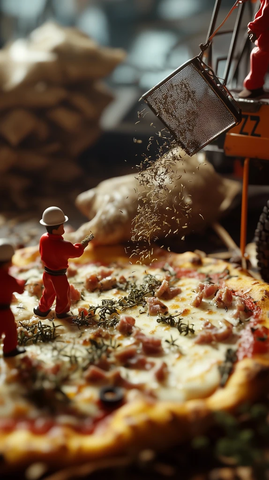 工人撒香料于披萨之上