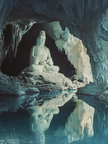洞穴中静坐的佛像倒影景观