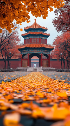 古建前铺满黄叶的秋景