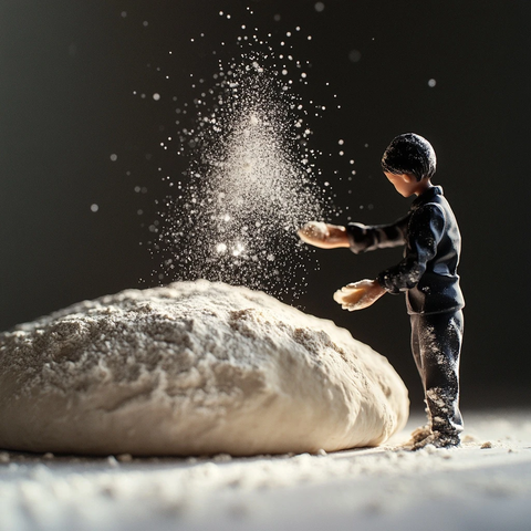 小人撒面粉在面团上