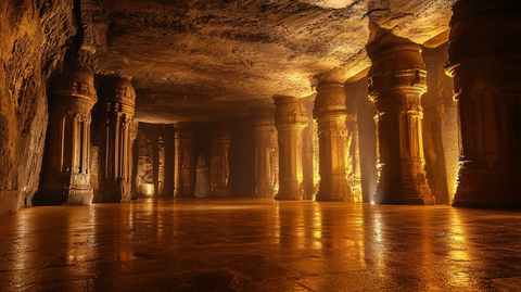 神秘洞窟内的古老石柱建筑景观