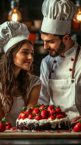 女厨师注视男厨师与熔岩蛋糕