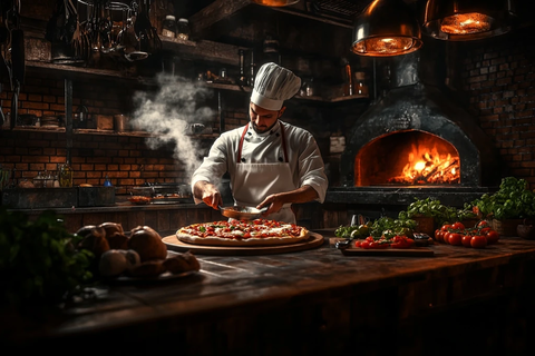 厨师准备披萨与新鲜食材