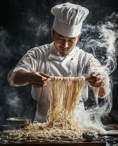 厨师双手拉面展示技艺