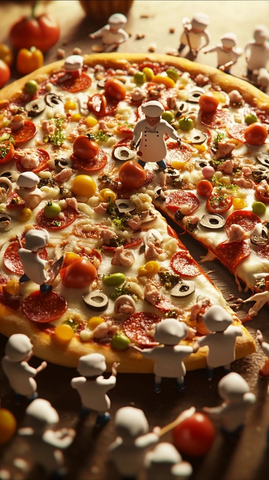 巨型披萨上的小厨师们忙碌场景