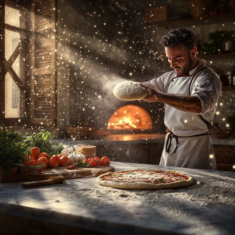 披萨面团空中翻转阳光洒落