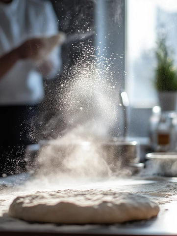 厨师撒面粉在面团上
