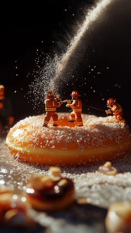 微型消防员灭火巨型甜甜圈