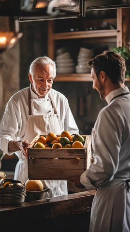 老厨师传承水果给年轻厨师