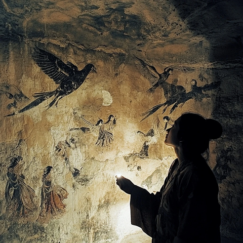 人物举灯赏古老石壁上的精美壁画