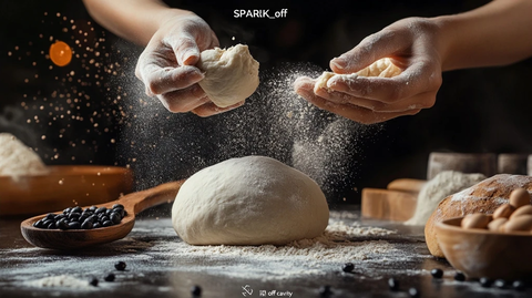 手撕面团与面包球和木勺