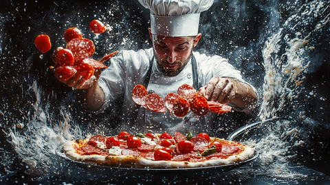 厨师抛撒披萨配料瞬间